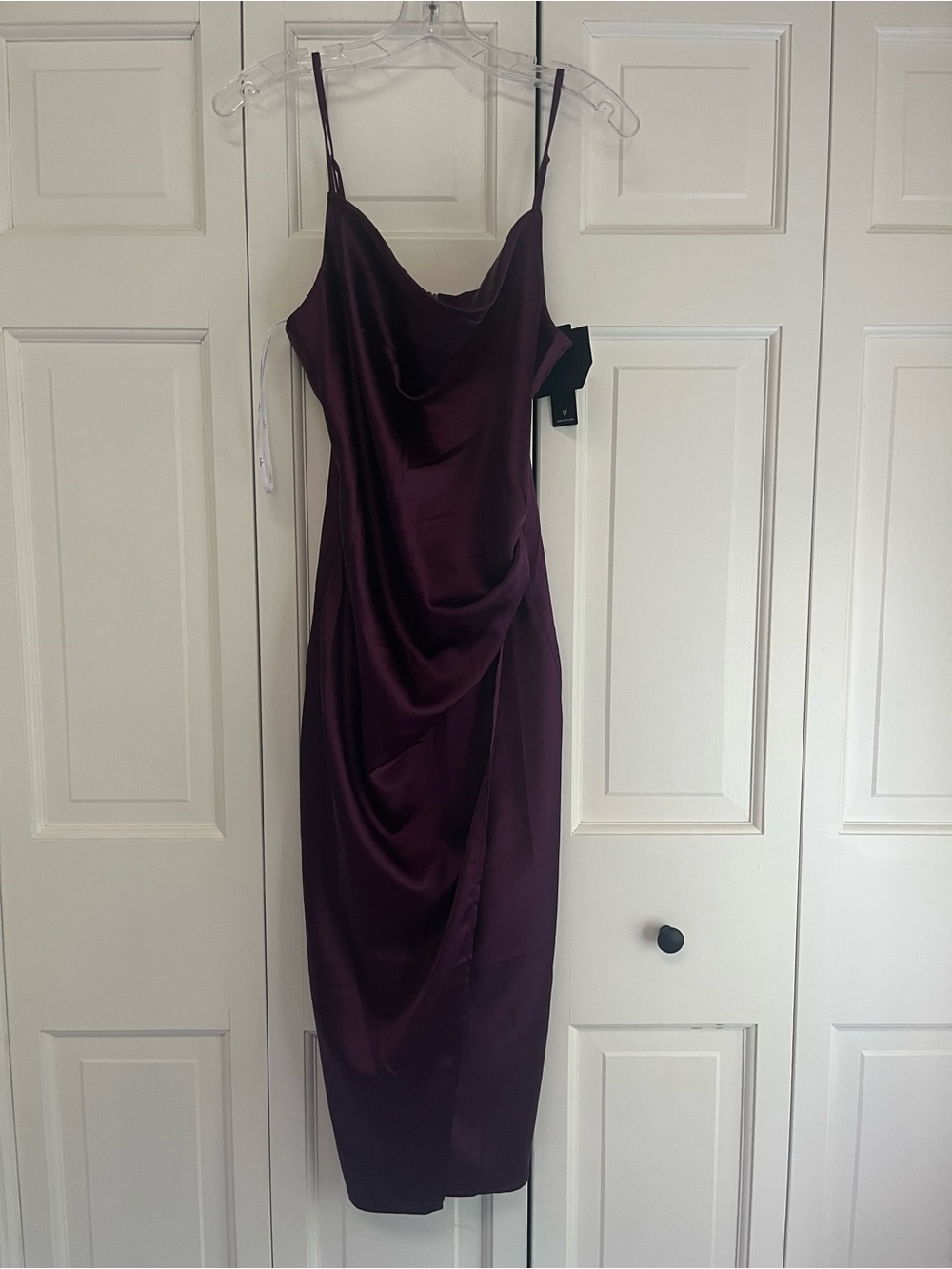 NWT Lulus Plum Satin Cowl Neck Ruched Midi Dress M